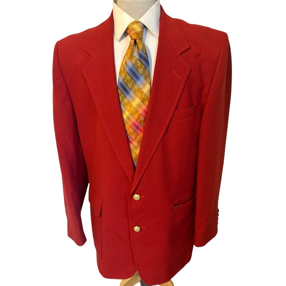 Vintage Custom Tailored Sz 44L Solid Red Gold Buttons Blazer Jacket Sport Coat